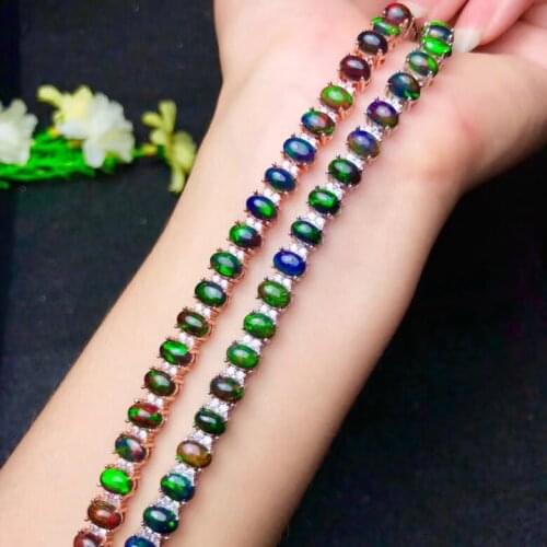 Natural black opal bracelet, mysterious night sky nebula, changing colors, Australian origin, 925 silver