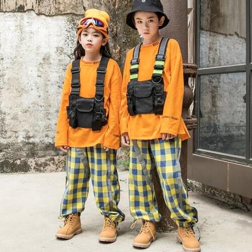 Kids Jazz Costume Hip Hop Clothing For Boys Girls Modern Dance Practice Wear Orange T-shirt Street Dancing Set Show Wear BL5055
