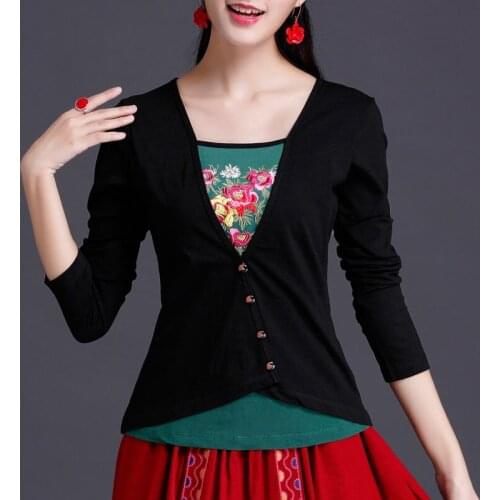 Ethnic False two Embroidery T Shirt Women Long sleeve Bottoming Cotton Tee Shirts Chinese style Plus size Ladies Tops Clothes