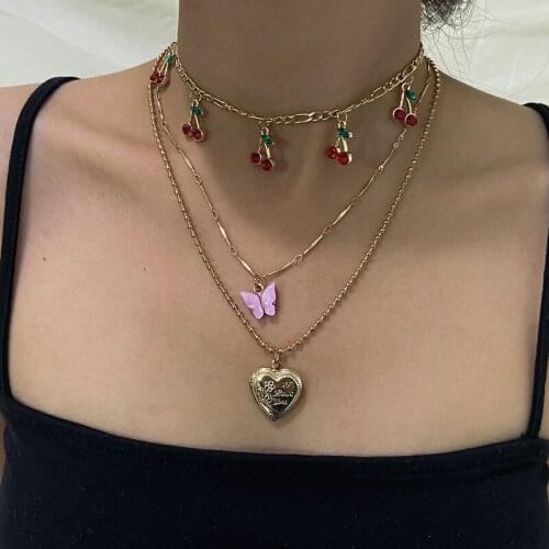 Geometry Multilayer Cherry Butterfly Pendant Clavicle Chain Jewelry Women Long Pendants Necklaces Charms Simple Hollow Style