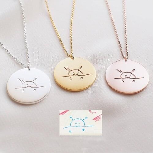 Custom Artwork Jewelry Unique Childs Drawing Necklace Writing Round 925 Silver Necklace Children Engrave Name Jewelry Necklace