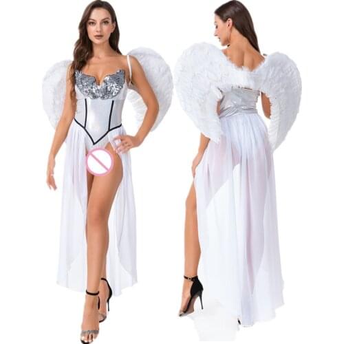 Halloween Sexy Greek Goddess Cosplay Costume Stage Performance Ancient Greek White Angel Exotic Fancy Dress With Feather Wing