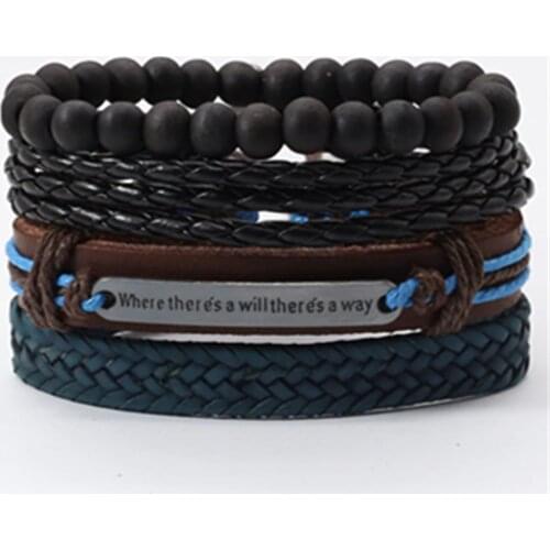 Blue Black Woven 4 Pcs/set Wood Beaded Hip hop Jewelry Leather Men Bracelets Women Vintage Bangle Male Homme Jewelry Accessories