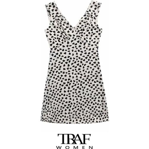 TRAF Za Women Fashion With Lining Heart Print Mini Dress Vintage V Neck Sleeveless Summer Female Dresses Vestidos Mujer