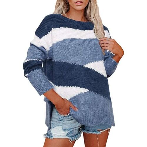 Long Sleeve O Neck Loose Pullovers Female Irregular Stripes Color-block Pullover Sweater Women Knitwear 2020 Autumn Winter
