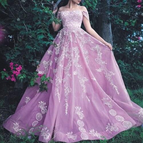 SuperKimJo Vestido De Fiesta Pink Prom Dresses Long Boat Neck Lace Applique Elegant Prom Gown Vestido De Gala