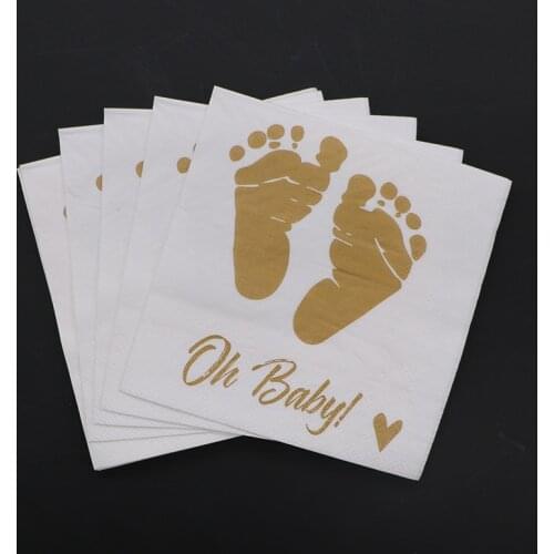 20 Sheets/pack Baby Napkins - Oh Baby Gold Feet Design Boy and Girl Birthday Party Decoration Disposable Decor for Baby
