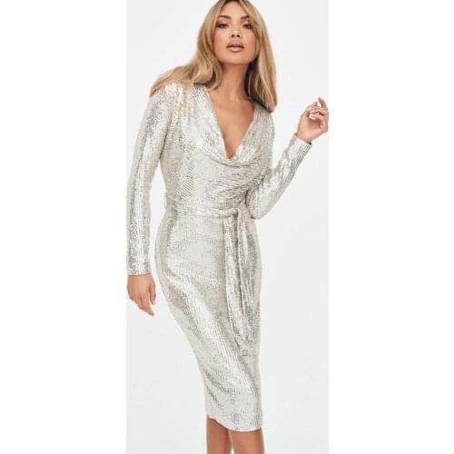 Silver Sequined Full Sleeved Sashes Party Dress Knee length V Neck Split Back Bodycon Pencil Midi Dress