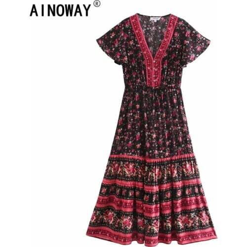 Vintage chic women Multi Floral print beach Bohemian rayon maxi dresses Ladies V neck botton Boho pleated robe vestidos