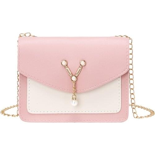Women PU Leather Crossbody Purse Lightweight Elegant Color Block Shoulder Bag with Pearl Pendant & Chain Strap Flap Bag