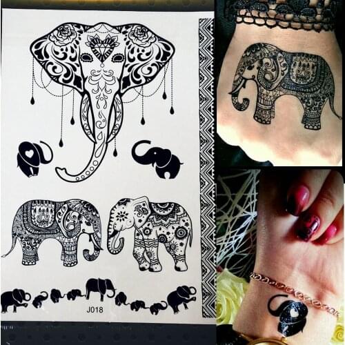 1PC Women Wedding Henna Flash Temporary Tattoo Sticker Black Elephant Ganesha Design Waterproof Fake Tattoo Elephant Chain PBJ18