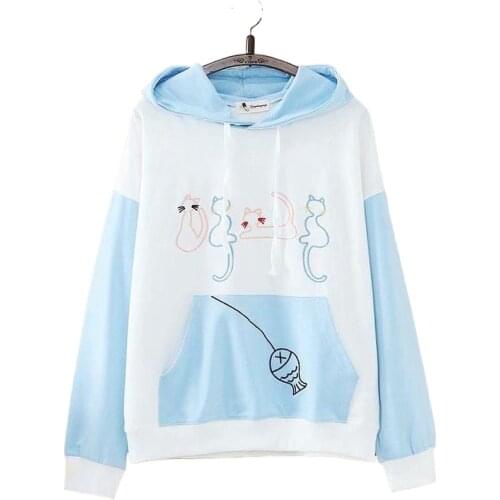 Women Cute Four Cats Embroidery Patchwork Sweatshirts Japan Style Sweet Fleece Harajuku Hoodies Femme Casual Pullovers 2011825