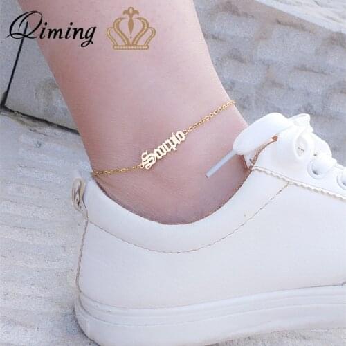12 Zodiac Sign Anklets Women Boho Jewelry Ankle Bracelet Old English Letter Sandale Femme Scorpio Pisces Aries Taurus Gemini Leo