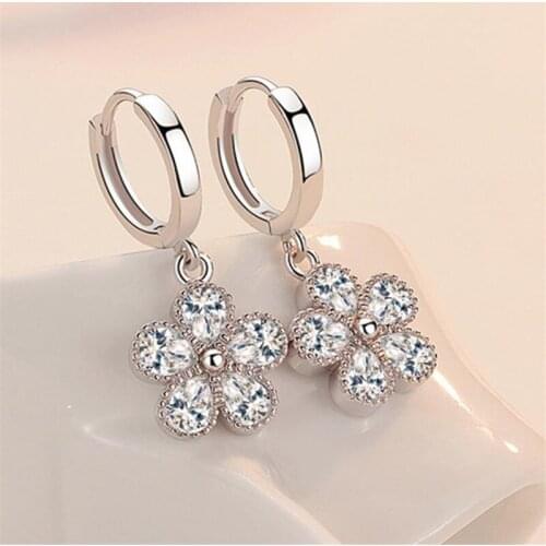 Bright Crystal Flower Earrings For Women Jewelry Top Grade 925 Silver Hoops Earrings Female Party Accessories Sparkling Gift