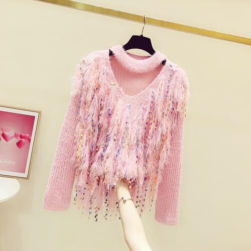 Tassel Sweater Sexy Halter Hollow Out Fall Winter Womens Long Sleeve Fringed Out Knitwear Casual Lady Jumper Tops