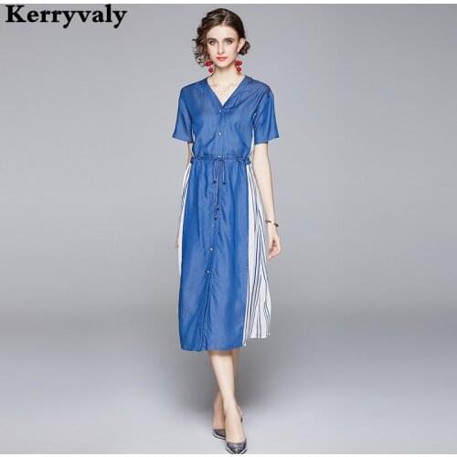 Summer Blue Striped Color Matching Denim Dress Women Lace-up Button High-Waisted Jeans Midi Casual Party Dress Ropa Mujer K3163
