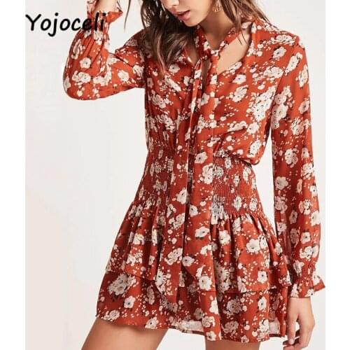 Yojoceli boho style floral dress v neck bow mini dress long sleeve ruffle dress female vestidos