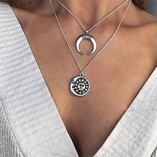FNIO retro sun moon pendant necklace ladies multi-layer necklace national wind wave simia jewelry