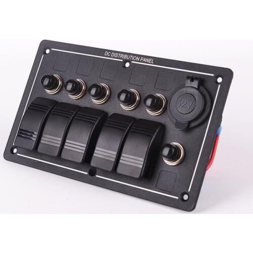 5 Gang LED Car Rocker Switch Panel Aluminum Panel With DC 12V Power Charger Socket for Marine Boat Car RV