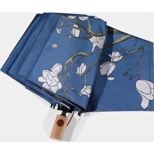 Retro Automatic Umbrella Women Wind Resistant Prevent UV Folding Wood Handle Ladies Flowers Birds Sun Umbrella