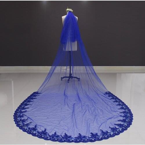 Blue Long Wedding Veil with Comb 2 Layers Blue Bridal Veil with Sequins Lace Cover Face Colorful Bride Veil Wedding Accessories