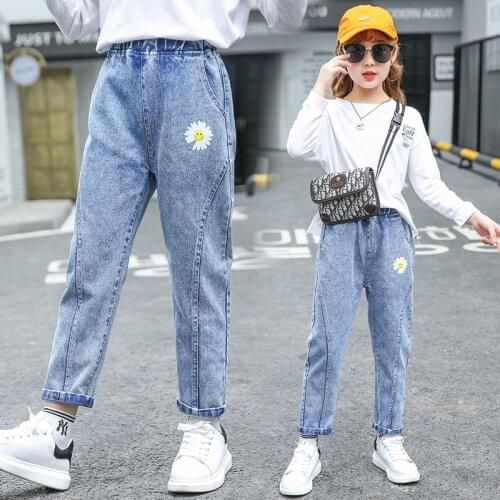 Autumn Girls Jeans Casual Stitching Flower Printed Denim Pants Fashion Kids Jeans 5 6 7 8 9 10 11 12 13 Years Clothes for Girls