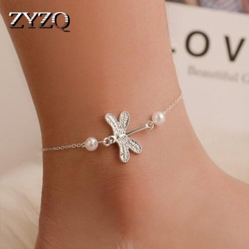 ZYZQ Exquisite High Quality Silver Plated Anklets For Women Lovely Gragonfly Shaped Chain Anklets With Simulated Pearl Anklets
