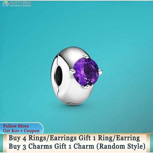 Ahthen 925 Sterling Silver Beads Purple Round Solitaire Clip Charm fit Original Pandora Bracelets for Women Jewelry Making Gift