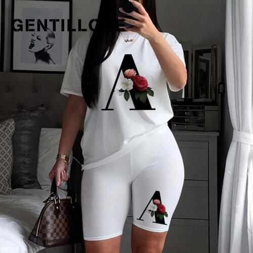 Gentillove Women Summer Casual Solid Printing Letter T-Shirts Two Pieces Set and Short Sleeve Shorts O-Neck Joggers Biker