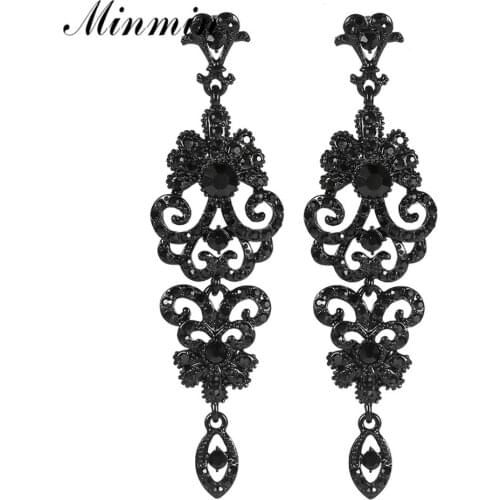 Minmin Retro Black Rhinestone Long Chandelier Drop Earrings for Women Luxury Wedding Bridal Earrings Fashion Party Jewelry EH948