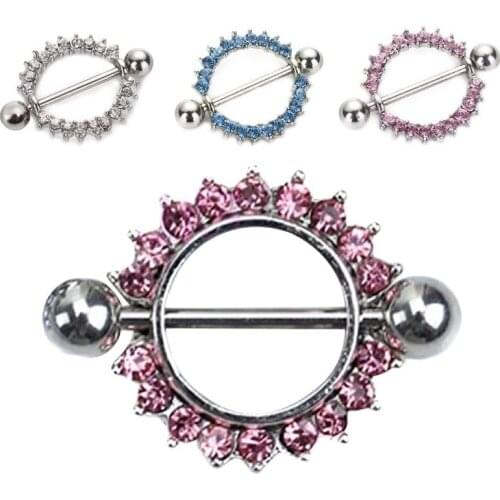Fashion Circle Nipple Ring Rhinestone Crystal Stainless Steel Sunflower Paved Nipple Rings Body Piercing Jewelry C66