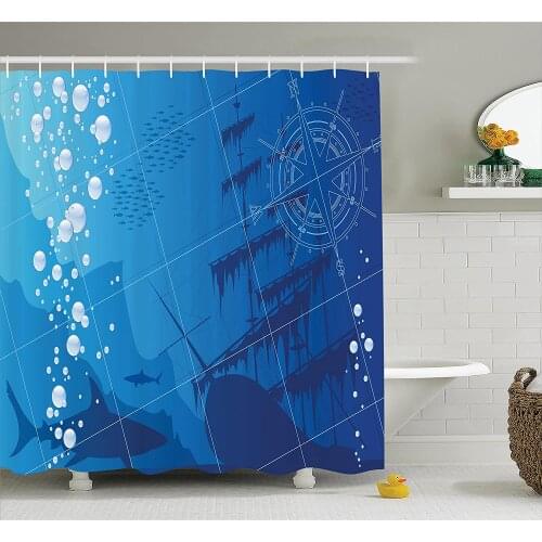 Nautical Decor Shower Curtain Underwater with Sharks Wall Decoration Hanging Curtains