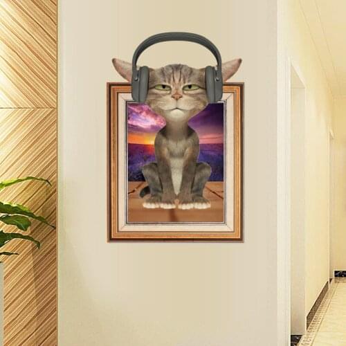 A Cat Listening Music Photo Frame Wall Stickers For Shop Office House Decoration Diy 3d Animal Wall Mural Art Home Decals