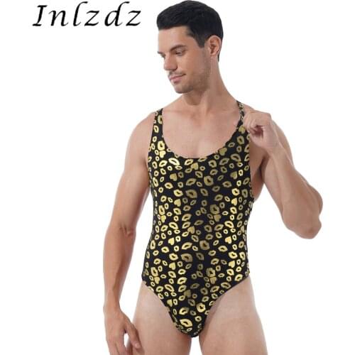 Mens Hight Cut Thongs Lingerie Bodysuit Underwear Fashion Round Neck Sleeveless Lip/ Skull Print Jumpsuit One-piece Swimsuit