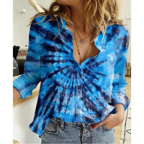 Lapel Single Breasted Color Print Casual Shirt Loose Thin Long Sleeve Button Polo-neck Vintage Summer Plus Size Womens T-Shirts