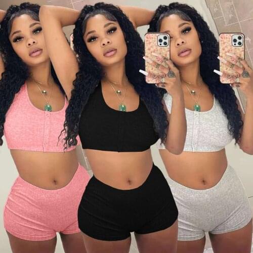 Casual Knitted Rib Solid Tracksuit Women Summer Clothes for Women Sexy Button Crop Top + Biker Shorts Two Piece Set Outfits