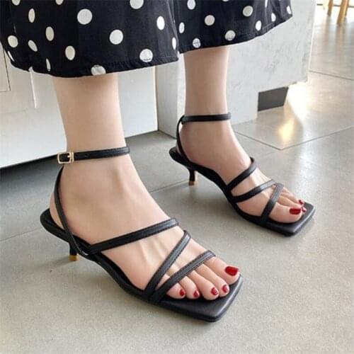 Vogue Hot Womens Leather Sandals Ladies Thin Heels Summer Shoes Woman High Heels Open Toe Lady Ankle Strap Female Fashion Shoes
