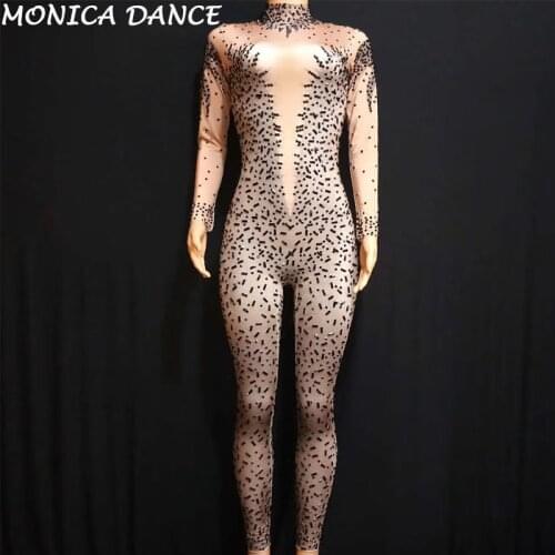 Sexy Black Rhinestone Jumpsuit Female Singer Dancer Stretch Spandex Bodysuit One-piece Costume Outfit Party Performance Jumpsuit