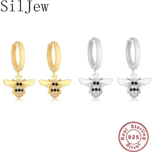 SilJew 925 Sterling Silver Gold Pendientes Abei Bee Abel Gold Hoop Earring Bee Charm Women Animal Fashionable Jewelry