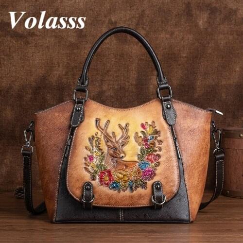 Volasss New Genuine Leather Luxury Handbags For Women Big Ladies Hand Bags Designer Womens Embossed Cowhide Female Shoulder Bag