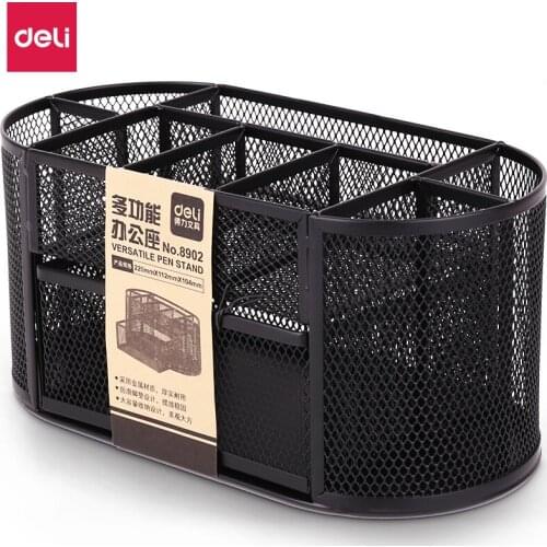 Deli metal mesh desk storage box multi-function 9 grid combination pencil holder pen stand office school supplies black 8902
