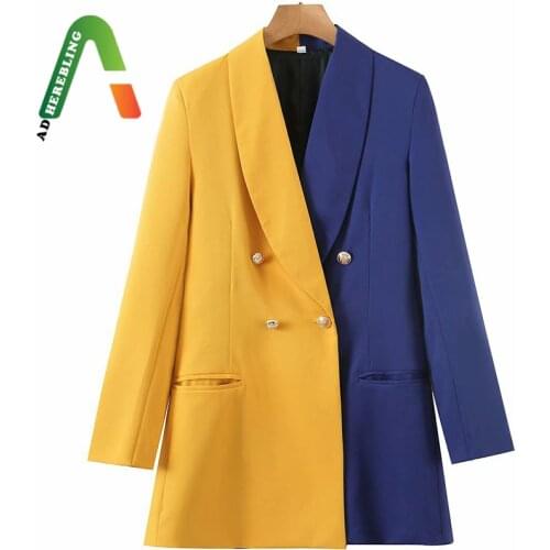 Adherebling Za Woman 2021 Casual Traf Jacket Autumn Shawl Collar Yellow Blue Patchwork Chic Blazers Double Breasted Long Coats