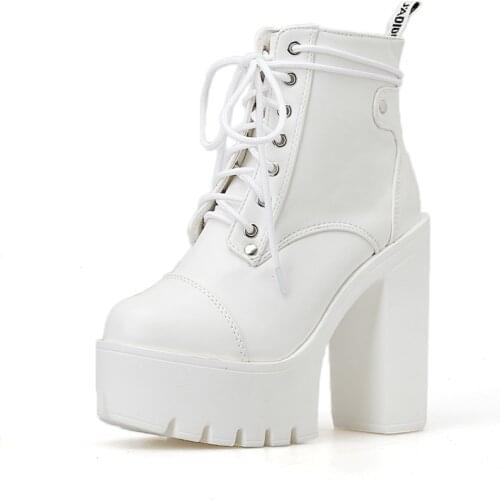 Fashion Women Gothic Boots Lace Up Ankle Boots Women Punk Shoes Ultra Very High Heel Bootie Block Chunky White High Heels YMA895