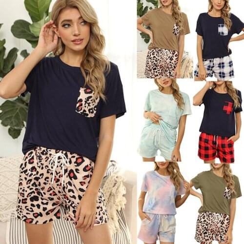 2 Pieces Set Women Europe summer 2021 ladies tie-dye pajamas grid leopard household take with short sleeves Sports Set MDF9882