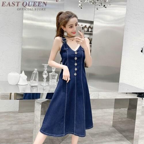 Denim Overall Dress Women Suspenders Summer Spaghetti Strap Dress Midi Long Korean Style Button Jean Dresses Women 2019 AA4846