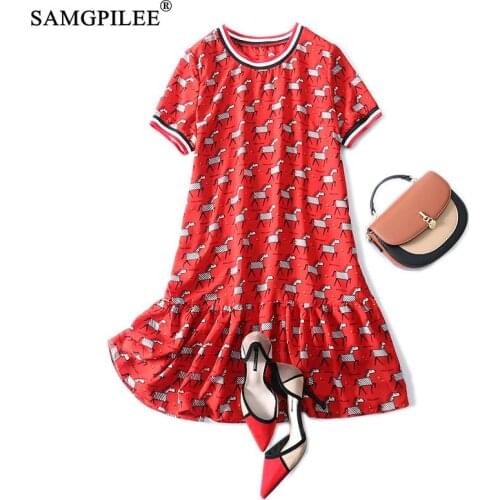 Sweet Korean Women Dresses Summer 2021 New Fashion Cartoon Animal Pattern O Neck Chiffon Short Sleeve Dress Woman Plus Size 4XL