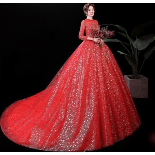 Bling Skirt Long Sleeve Sequins Dress Sweep Train Cheap Women Boho Wedding Dresses Vestidos De Novia Sexy Bridal Gown O-Neck