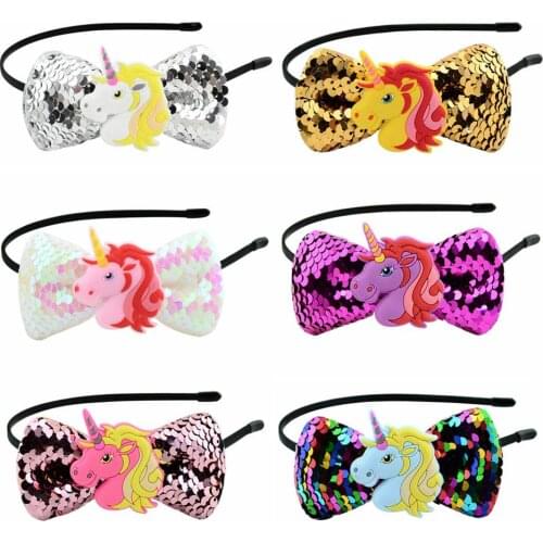 1PCS Unicorn Horse With Wings Sequin Glitter Bow Girls Hairband Birthday Hair Accessories Photo Props Children Festival Gifts