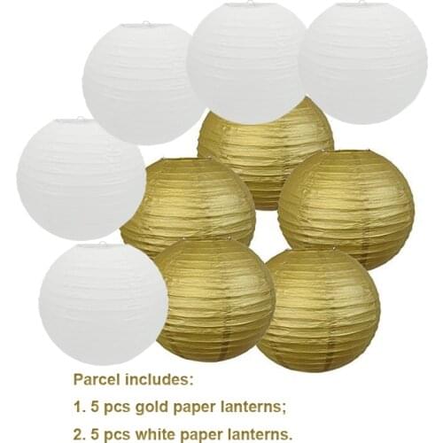 10 Pcs DIY Gold and White Paper Lanterns Wedding lampion de mariage boule chinoise papier Lantern for Party Hanging Decor Favor