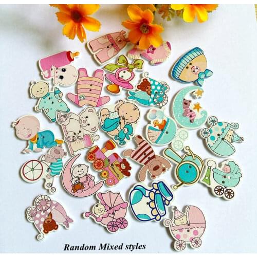 100PCs Random Mixed Decorative Buttons Lovely Doll series 2 Holes Sewing Wooden Buttons Scrapbooking